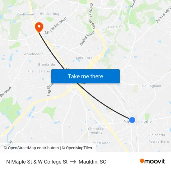 N Maple St & W College St to Mauldin, SC map