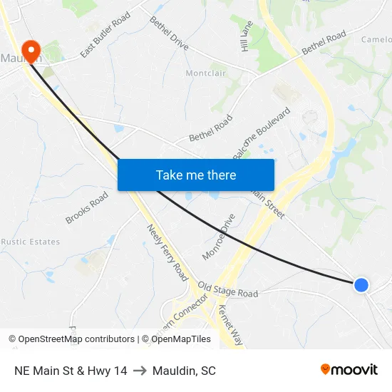 NE Main St & Hwy 14 to Mauldin, SC map