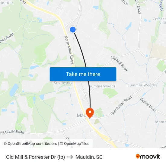 Old Mill & Forrester Dr (Ib) to Mauldin, SC map