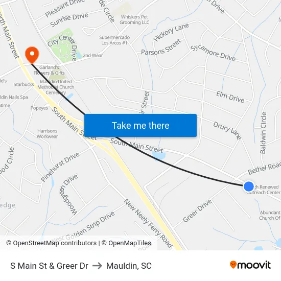 S Main St & Greer Dr to Mauldin, SC map