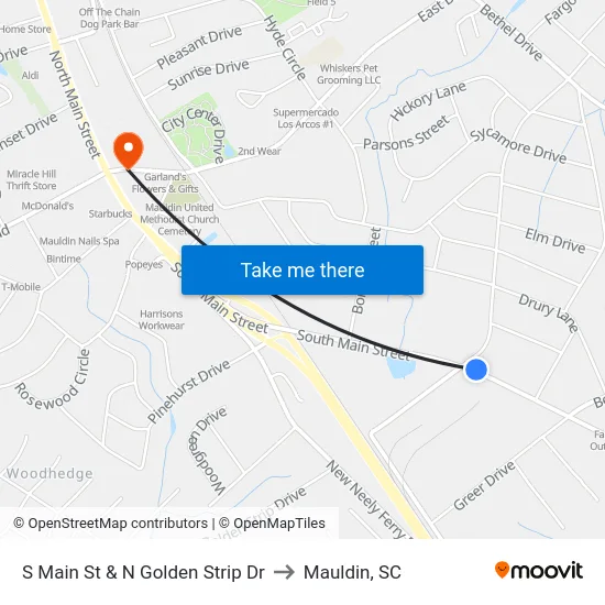 S Main St & N Golden Strip Dr to Mauldin, SC map