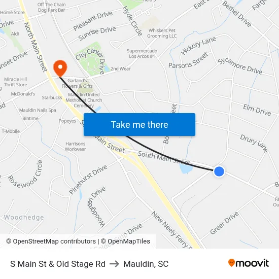 S Main St & Old Stage Rd to Mauldin, SC map