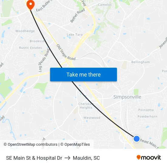 SE Main St & Hospital Dr to Mauldin, SC map