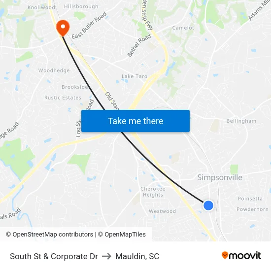 South St & Corporate Dr to Mauldin, SC map