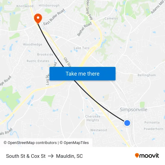 South St & Cox St to Mauldin, SC map