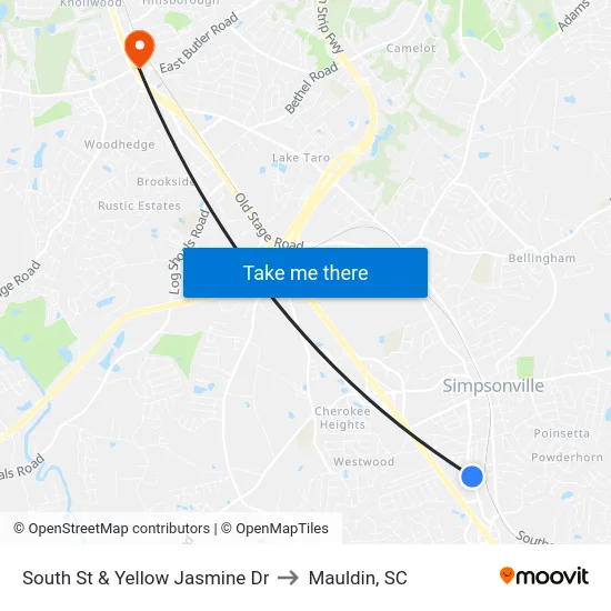 South St & Yellow Jasmine Dr to Mauldin, SC map