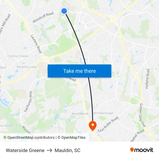Waterside Greene to Mauldin, SC map