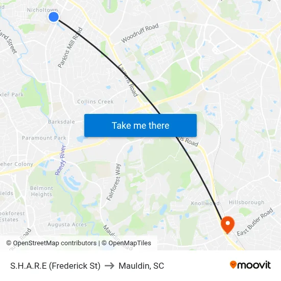S.H.A.R.E (Frederick St) to Mauldin, SC map