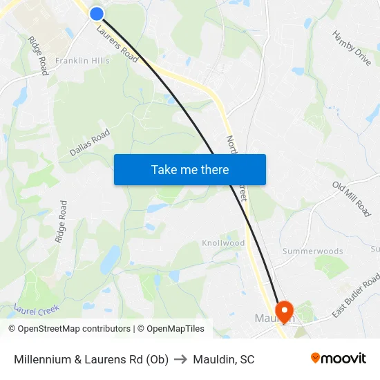 Millennium & Laurens Rd (Ob) to Mauldin, SC map