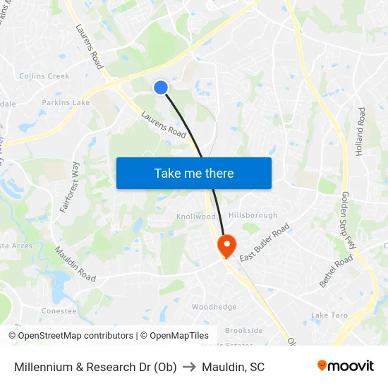 Millennium & Research Dr (Ob) to Mauldin, SC map