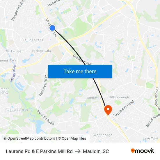 Laurens Rd & E Parkins Mill Rd to Mauldin, SC map