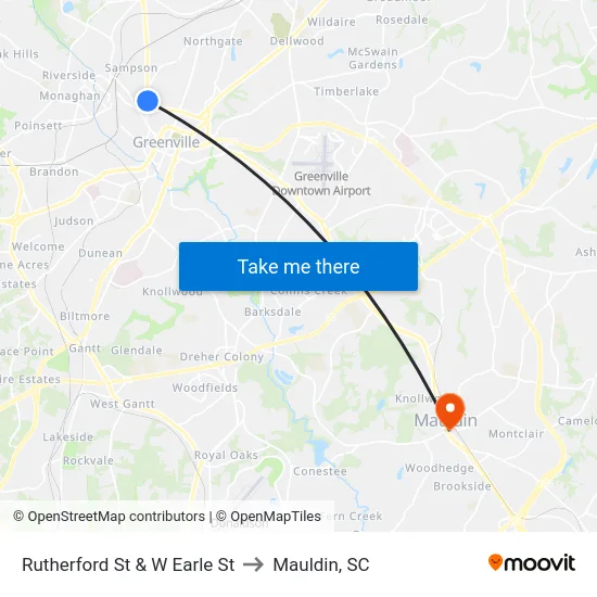 Rutherford St & W Earle St to Mauldin, SC map