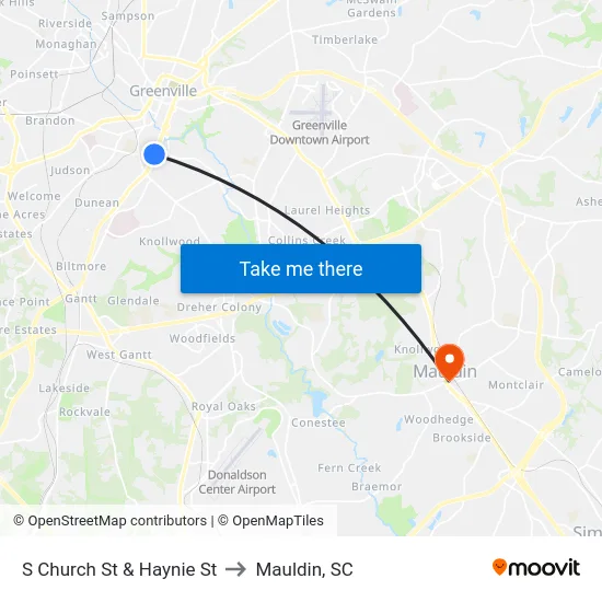 S Church St & Haynie St to Mauldin, SC map