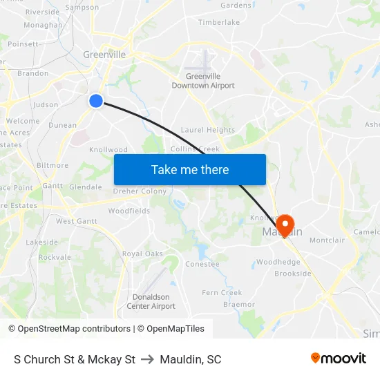 S Church St & Mckay St to Mauldin, SC map