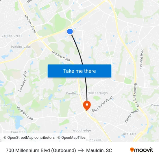 700 Millennium Blvd (Outbound) to Mauldin, SC map