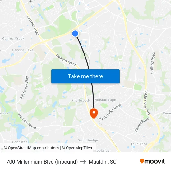 700 Millennium Blvd (Inbound) to Mauldin, SC map