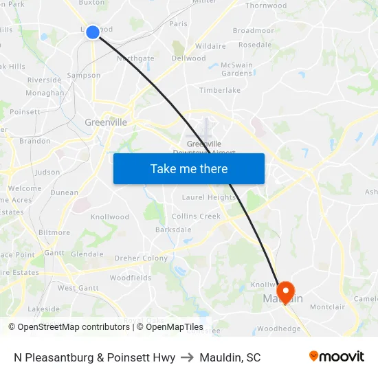 N Pleasantburg & Poinsett Hwy to Mauldin, SC map