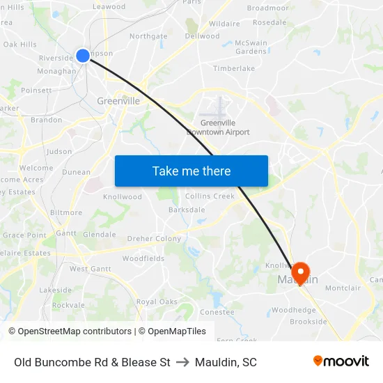 Old Buncombe Rd & Blease St to Mauldin, SC map