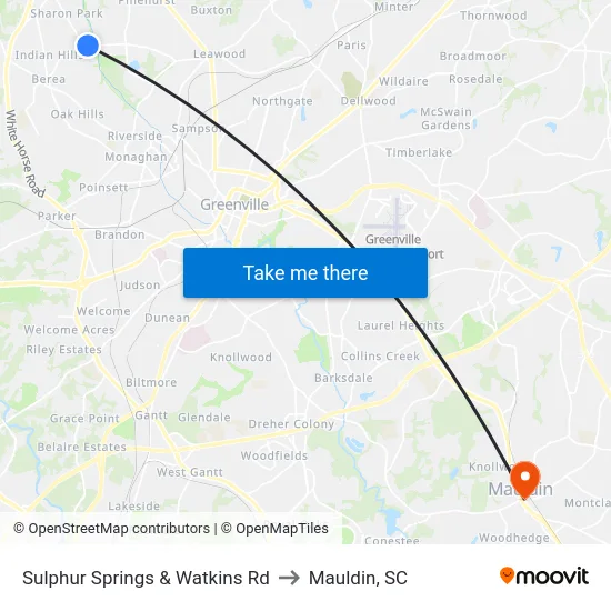 Sulphur Springs & Watkins Rd to Mauldin, SC map