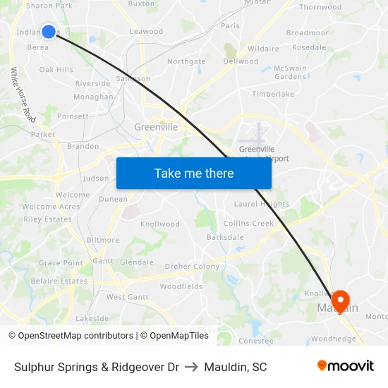 Sulphur Springs & Ridgeover Dr to Mauldin, SC map
