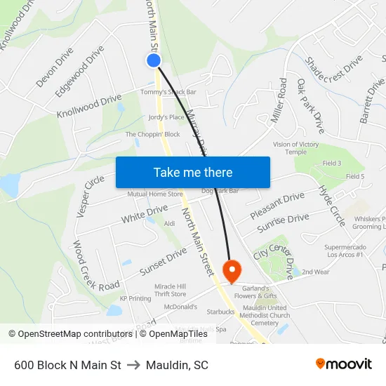 600 Block N Main St to Mauldin, SC map