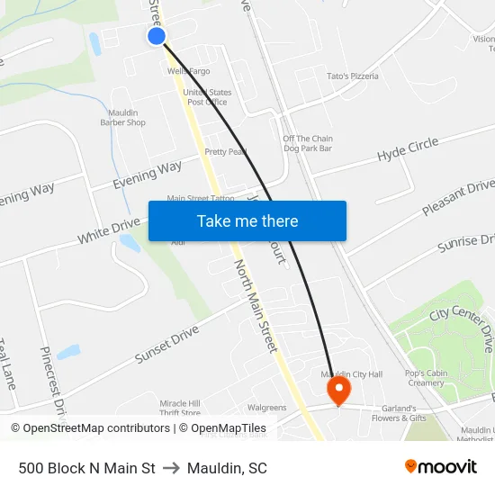 500 Block N Main St to Mauldin, SC map