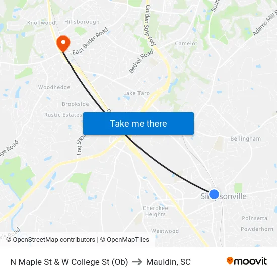 N Maple St & W College St (Ob) to Mauldin, SC map