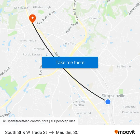 South St & W Trade St to Mauldin, SC map