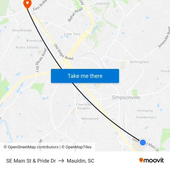 SE Main St & Pride Dr to Mauldin, SC map