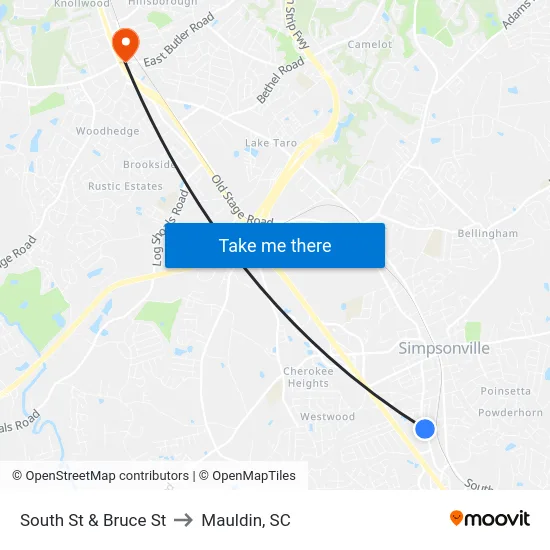 South St & Bruce St to Mauldin, SC map