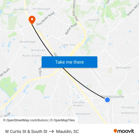 W Curtis St & South St to Mauldin, SC map