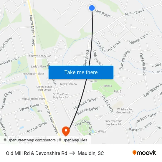 Old Mill Rd & Devonshire Rd to Mauldin, SC map