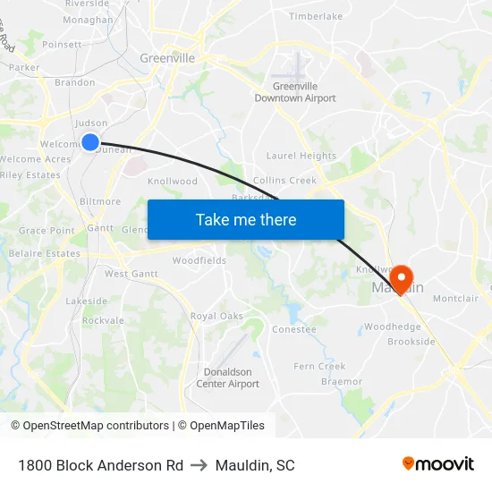1800 Block Anderson Rd to Mauldin, SC map