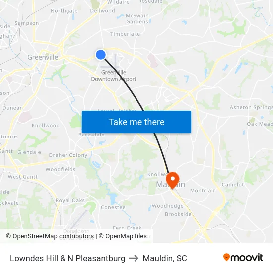 Lowndes Hill & N Pleasantburg to Mauldin, SC map