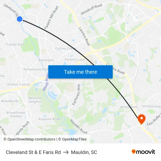 Cleveland St & E Faris Rd to Mauldin, SC map
