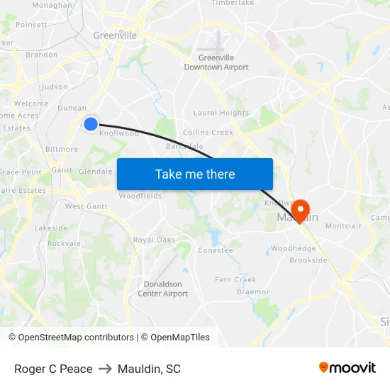 Roger C Peace to Mauldin, SC map