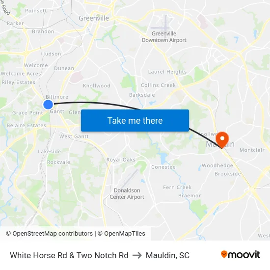 White Horse Rd & Two Notch Rd to Mauldin, SC map