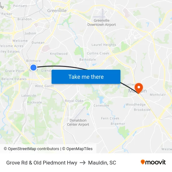 Grove Rd & Old Piedmont Hwy to Mauldin, SC map