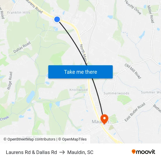 Laurens Rd & Dallas Rd to Mauldin, SC map