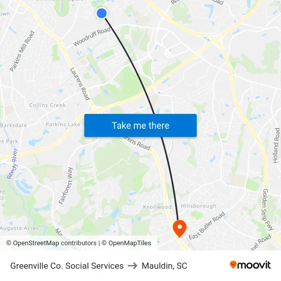 Greenville Co. Social Services to Mauldin, SC map