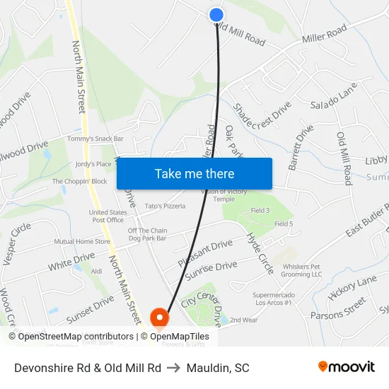 Devonshire Rd & Old Mill Rd to Mauldin, SC map