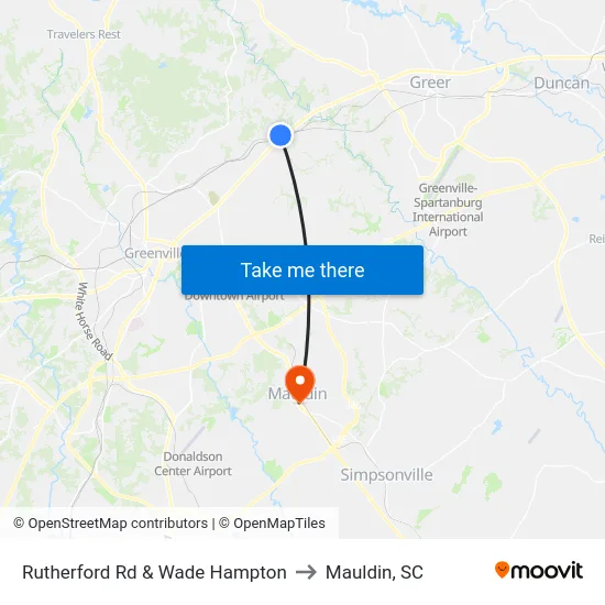 Rutherford Rd & Wade Hampton to Mauldin, SC map