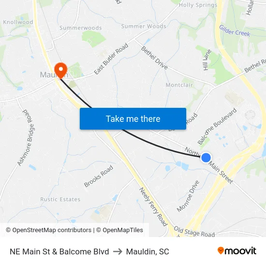 NE Main St & Balcome Blvd to Mauldin, SC map