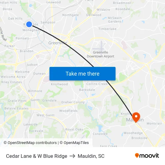 Cedar Lane & W Blue Ridge to Mauldin, SC map