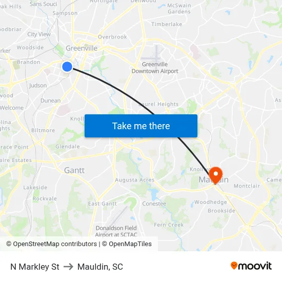 N Markley St to Mauldin, SC map