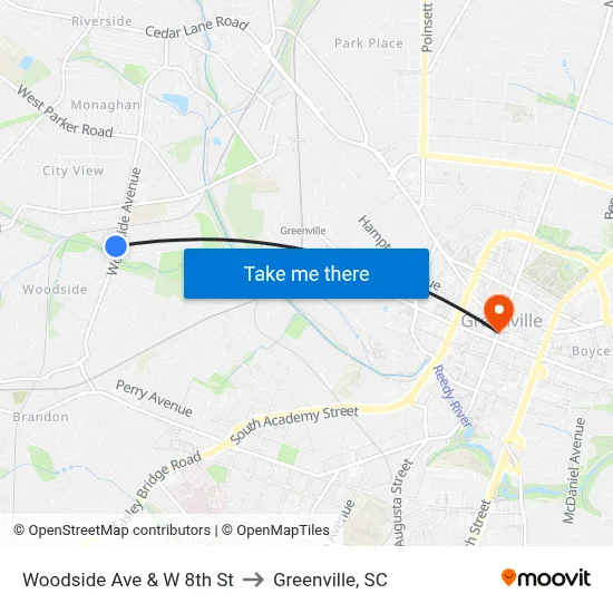 Woodside Ave & W 8th St to Greenville, SC map