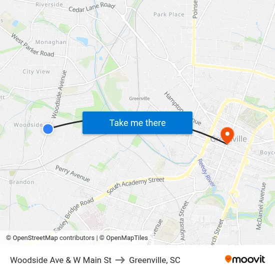 Woodside Ave & W Main St to Greenville, SC map