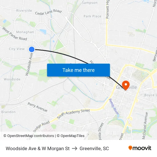 Woodside Ave & W Morgan St to Greenville, SC map