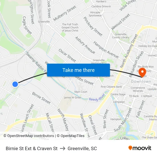 Birnie St Ext & Craven St to Greenville, SC map