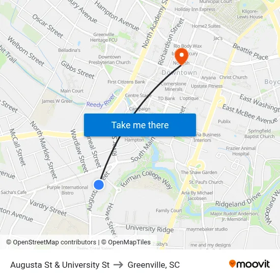 Augusta St & University St to Greenville, SC map